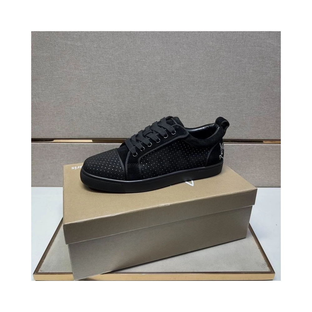 Replica Christian Louboutin Fun Louis Junior Men Low-top Sneakers Veau Velours with Strass Black