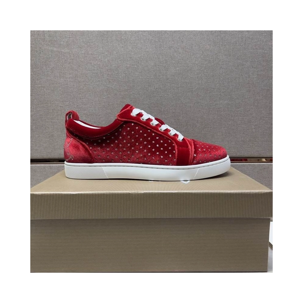Discount Christian Louboutin Fun Louis Junior Men Low-top Sneakers Veau Velours with Strass Red Outlet