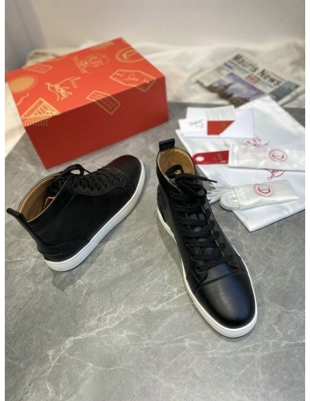 Fake Christian Louboutin Louis Flat High-top Sneakers Calfskin Black White