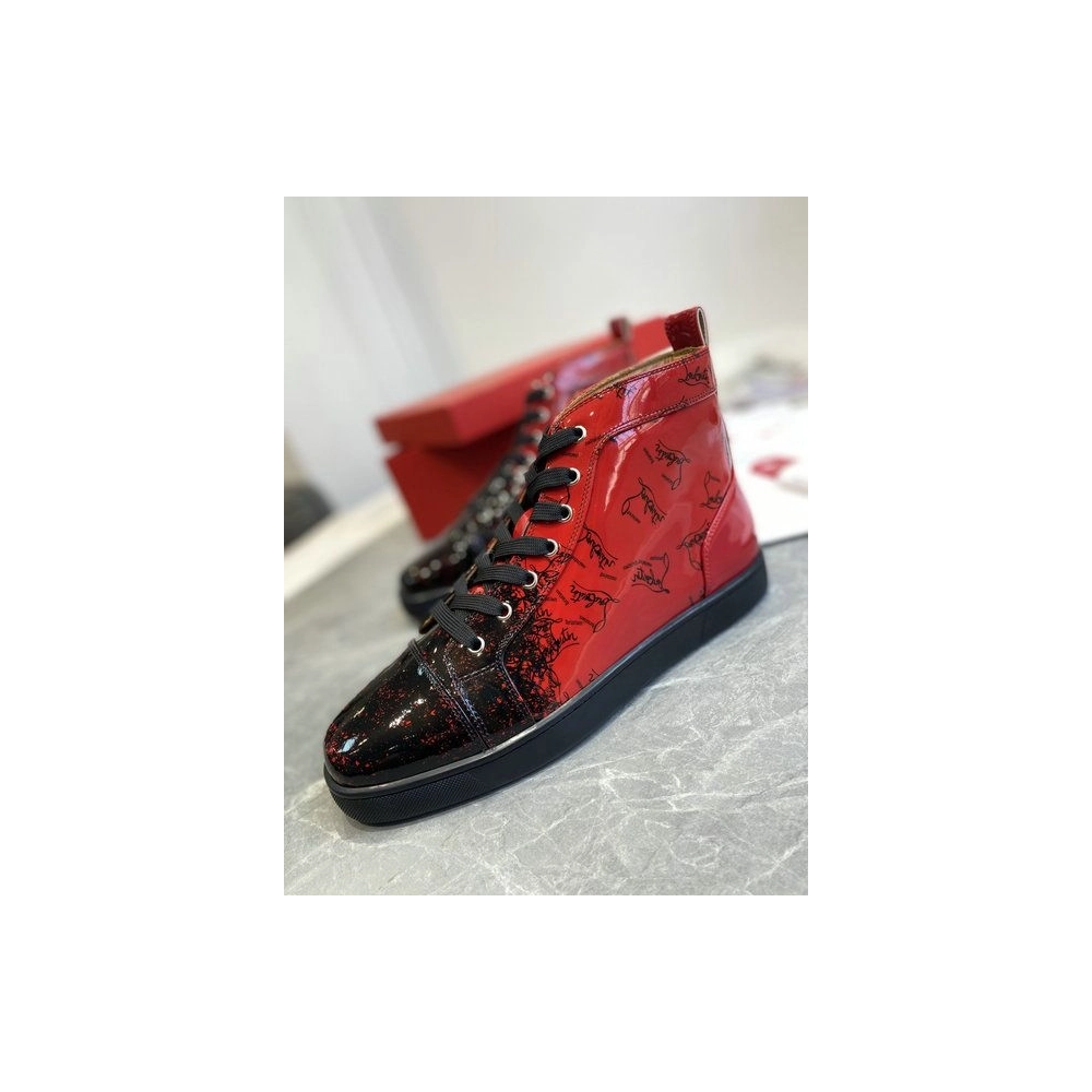 Cheap Christian Louboutin Louis Flat Degraloubi High-top Men Sneaker Patent Leather Black Red