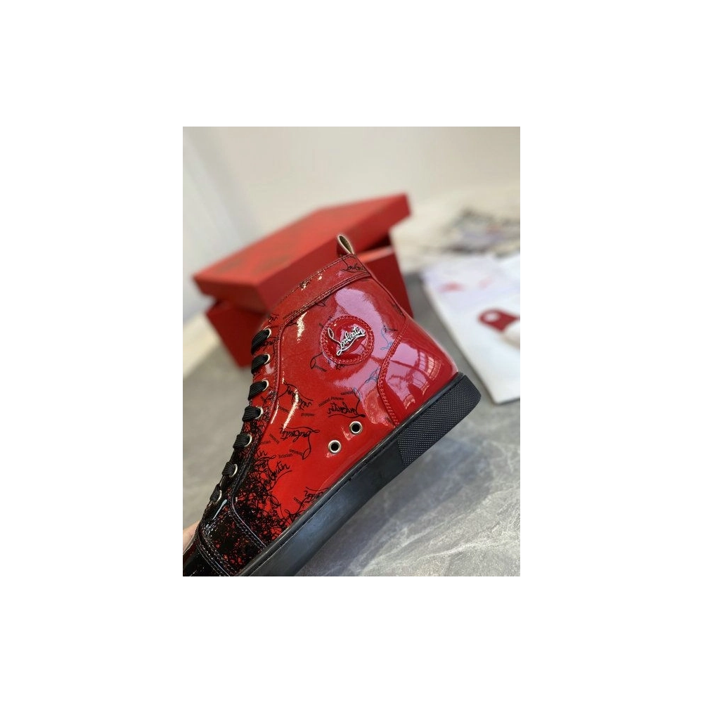 Cheap Christian Louboutin Louis Flat Degraloubi High-top Men Sneaker Patent Leather Black Red