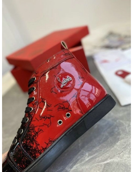 Cheap Christian Louboutin Louis Flat Degraloubi High-top Men Sneaker Patent Leather Black Red