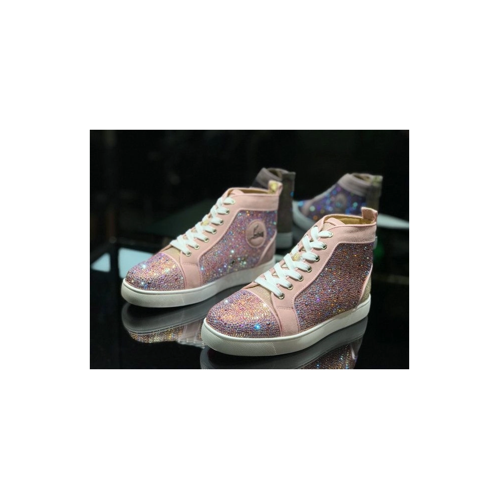 Discount Christian Louboutin Louis Strass Flat High-top Sneakers Rhinestone Embellishments Pink