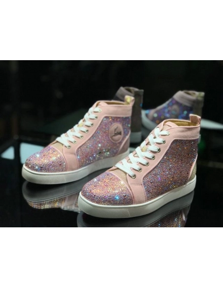 Discount Christian Louboutin Louis Strass Flat High-top Sneakers Rhinestone Embellishments Pink
