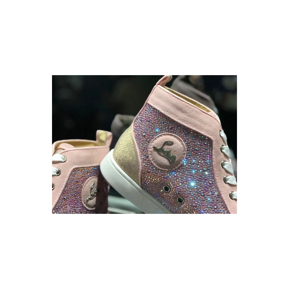Discount Christian Louboutin Louis Strass Flat High-top Sneakers Rhinestone Embellishments Pink