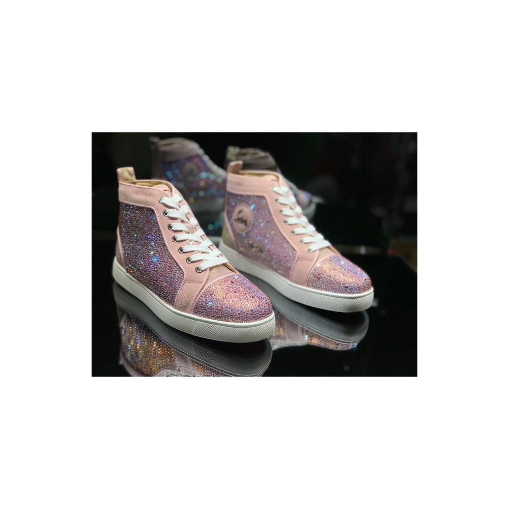 Discount Christian Louboutin Louis Strass Flat High-top Sneakers Rhinestone Embellishments Pink