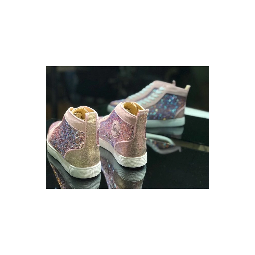 Discount Christian Louboutin Louis Strass Flat High-top Sneakers Rhinestone Embellishments Pink