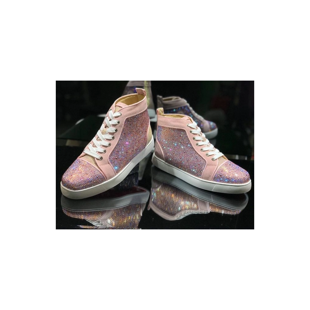 Discount Christian Louboutin Louis Strass Flat High-top Sneakers Rhinestone Embellishments Pink