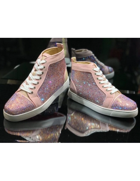 Discount Christian Louboutin Louis Strass Flat High-top Sneakers Rhinestone Embellishments Pink