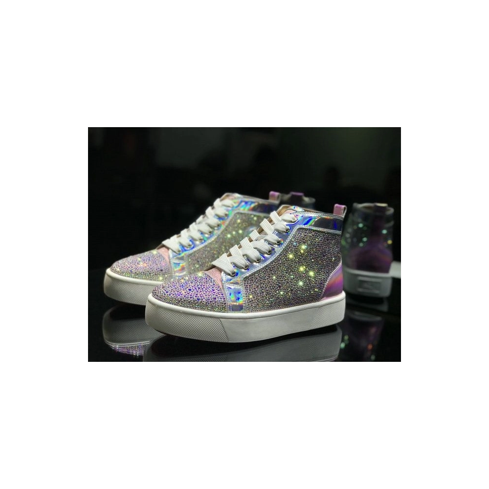 Cheap Christian Louboutin Louis Flat High-Top Men Sneakers Crystals Embellished Iridescent Leather Pink