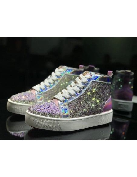 Cheap Christian Louboutin Louis Flat High-Top Men Sneakers Crystals Embellished Iridescent Leather Pink