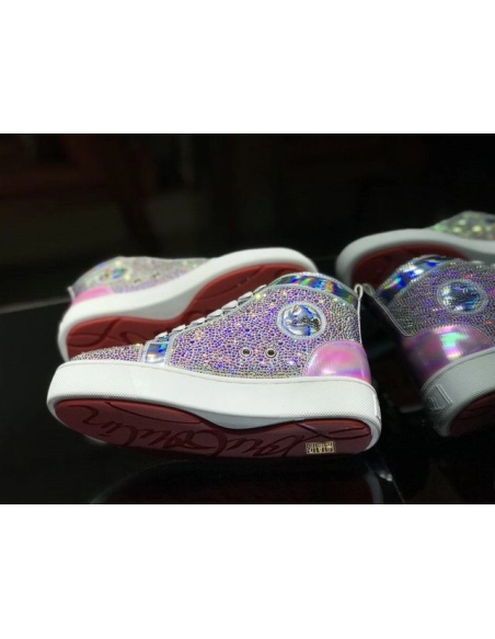 Cheap Christian Louboutin Louis Flat High-Top Men Sneakers Crystals Embellished Iridescent Leather Pink