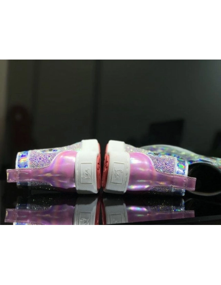 Cheap Christian Louboutin Louis Flat High-Top Men Sneakers Crystals Embellished Iridescent Leather Pink