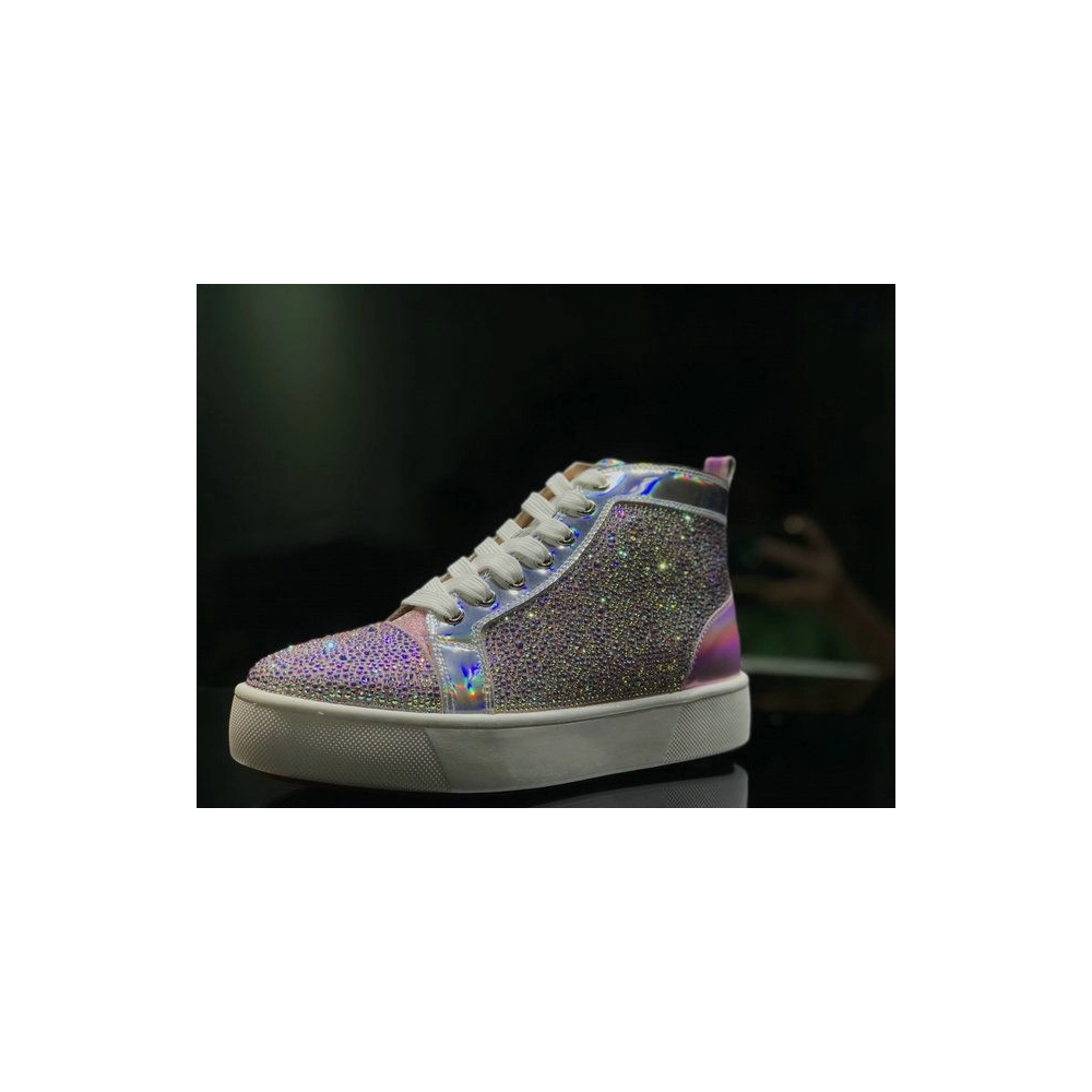 Cheap Christian Louboutin Louis Flat High-Top Men Sneakers Crystals Embellished Iridescent Leather Pink