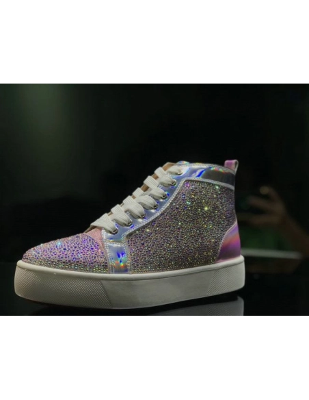 Cheap Christian Louboutin Louis Flat High-Top Men Sneakers Crystals Embellished Iridescent Leather Pink