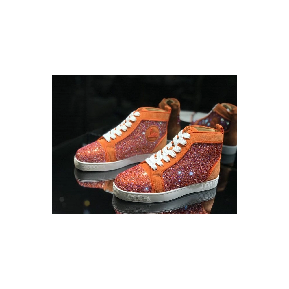 Cheap Christian Louboutin Louis Strass High-Top Sneakers Veau Velous and Strass Orange White for Sale
