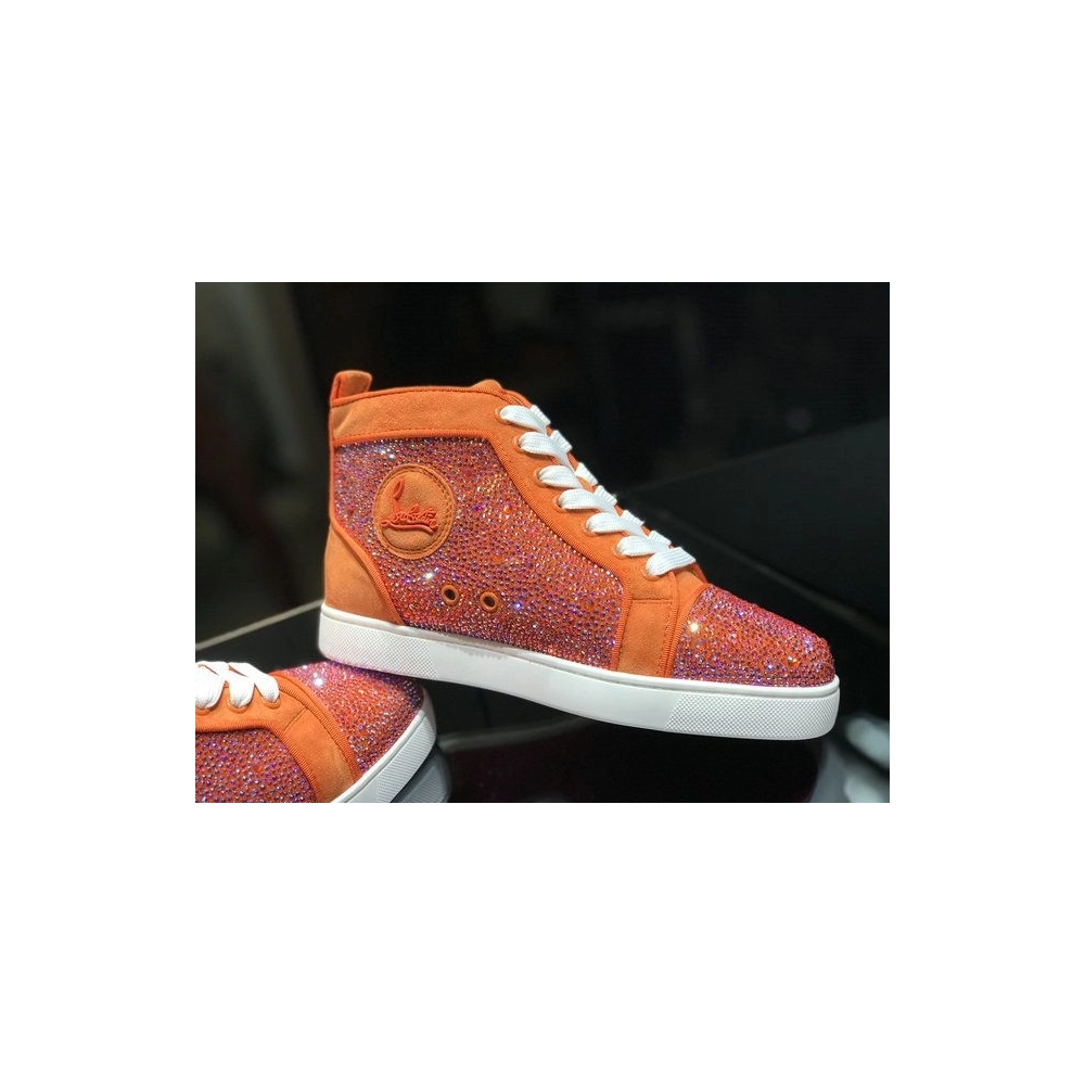 Cheap Christian Louboutin Louis Strass High-Top Sneakers Veau Velous and Strass Orange White for Sale
