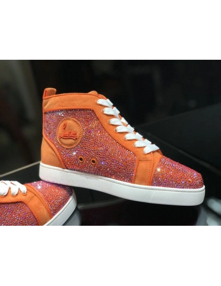 Cheap Christian Louboutin Louis Strass High-Top Sneakers Veau Velous and Strass Orange White for Sale