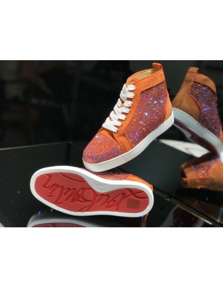 Cheap Christian Louboutin Louis Strass High-Top Sneakers Veau Velous and Strass Orange White for Sale