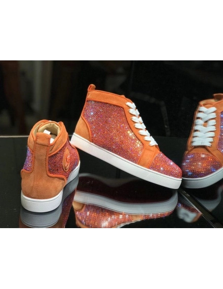 Cheap Christian Louboutin Louis Strass High-Top Sneakers Veau Velous and Strass Orange White for Sale