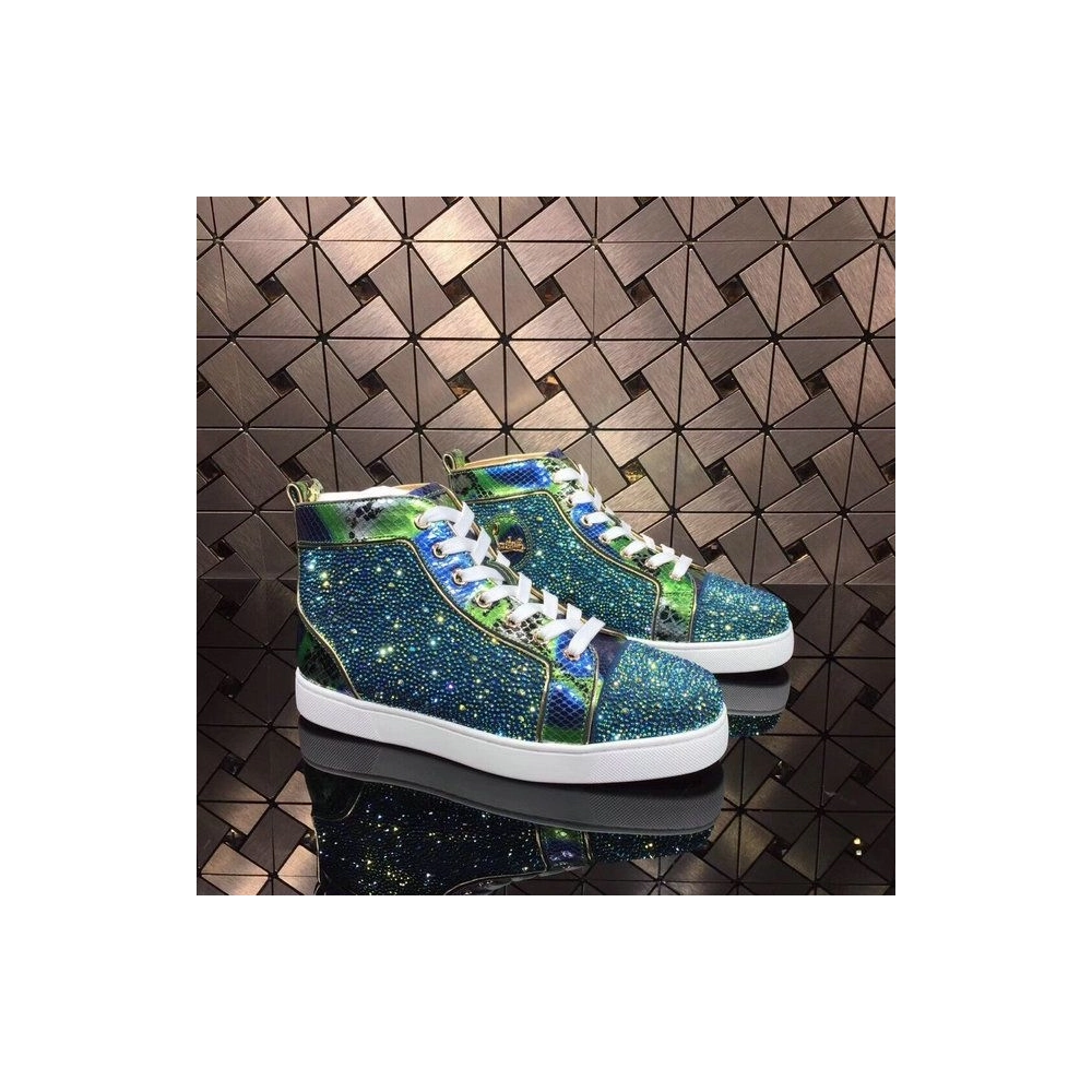 Christian Louboutin Louis Strass High-Top Sneakers Python Leather Blue Green Outlet Sale