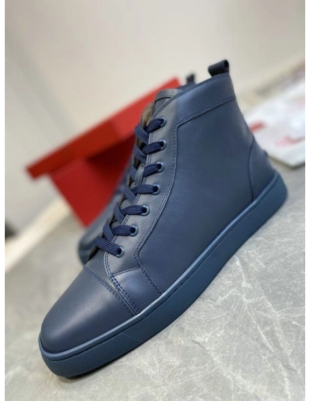 Cheap Christian Louboutin Louis High-Top Sneakers Calfskin Navy Blue Sale Online