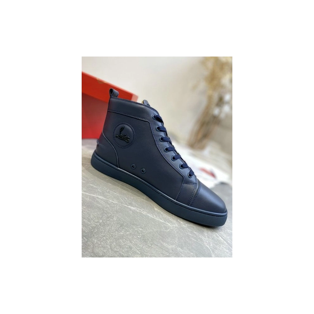 Cheap Christian Louboutin Louis High-Top Sneakers Calfskin Navy Blue Sale Online