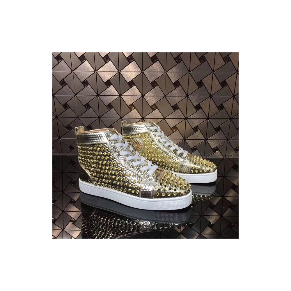 Replica Christian Louboutin Louis Spikes High-top Men Sneakers Texture Leather Gold