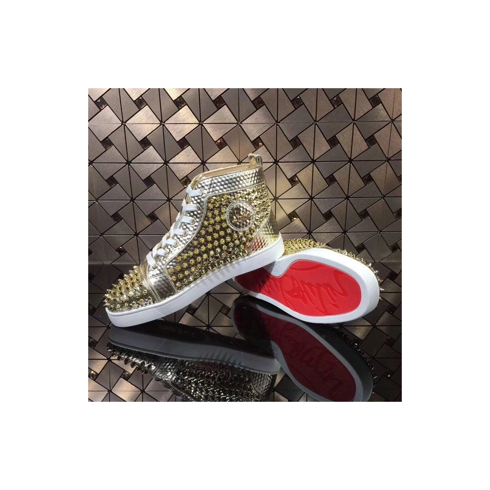 Replica Christian Louboutin Louis Spikes High-top Men Sneakers Texture Leather Gold