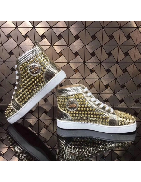 Replica Christian Louboutin Louis Spikes High-top Men Sneakers Texture Leather Gold