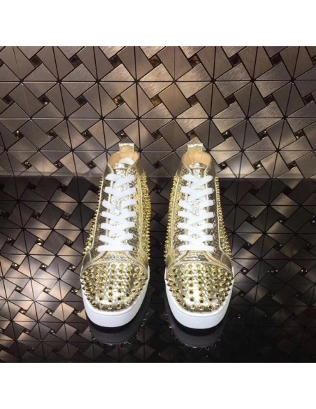 Replica Christian Louboutin Louis Spikes High-top Men Sneakers Texture Leather Gold
