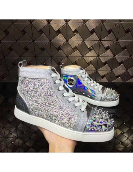 Cheap Christian Louboutin Louis Strass Pik Pik Version High-top Sneakers Iridescence Leather