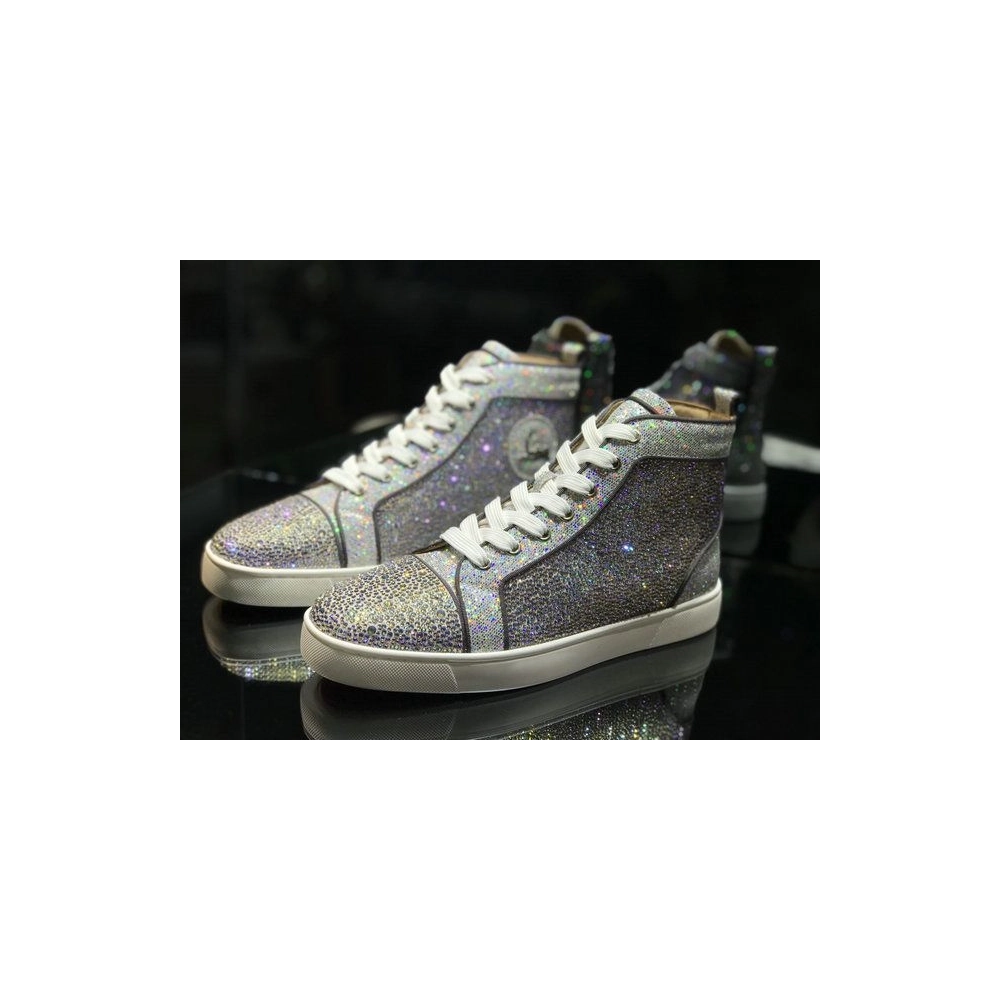 Cheap Christian Louboutin Louis Strass High-top Men Sneakers Glitter Leather Silver for Sale