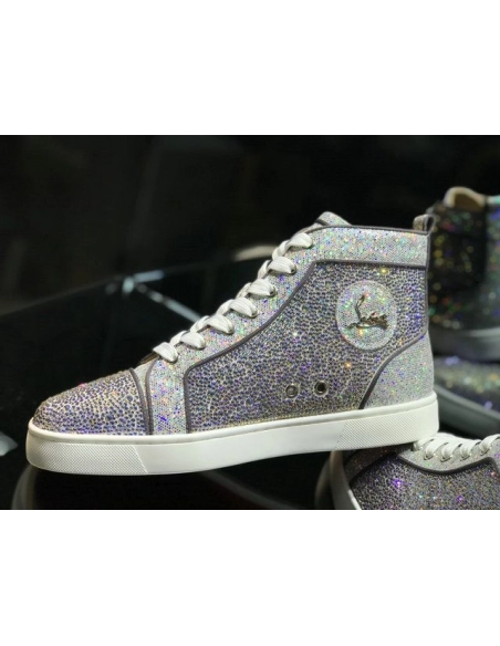 Cheap Christian Louboutin Louis Strass High-top Men Sneakers Glitter Leather Silver for Sale