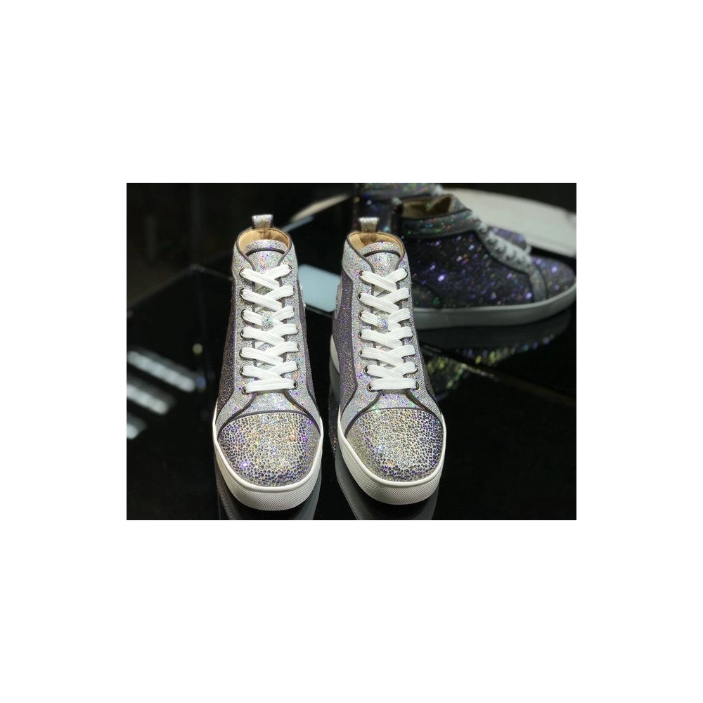 Cheap Christian Louboutin Louis Strass High-top Men Sneakers Glitter Leather Silver for Sale