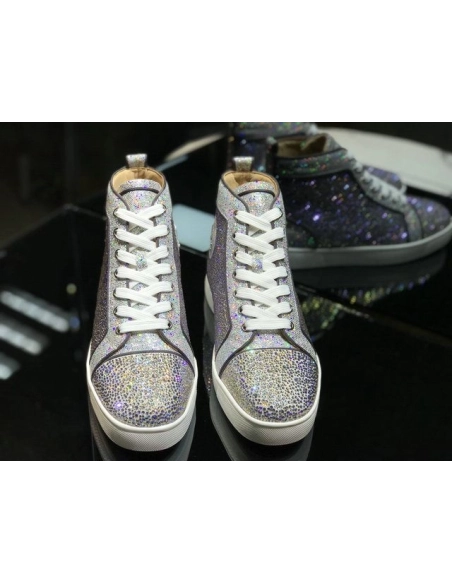 Cheap Christian Louboutin Louis Strass High-top Men Sneakers Glitter Leather Silver for Sale
