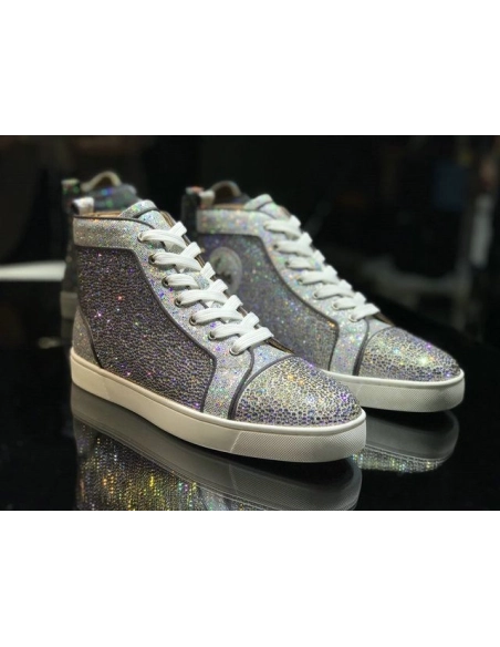 Cheap Christian Louboutin Louis Strass High-top Men Sneakers Glitter Leather Silver for Sale