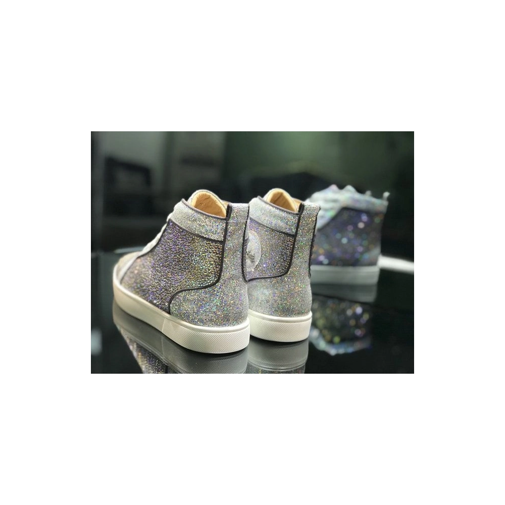 Cheap Christian Louboutin Louis Strass High-top Men Sneakers Glitter Leather Silver for Sale