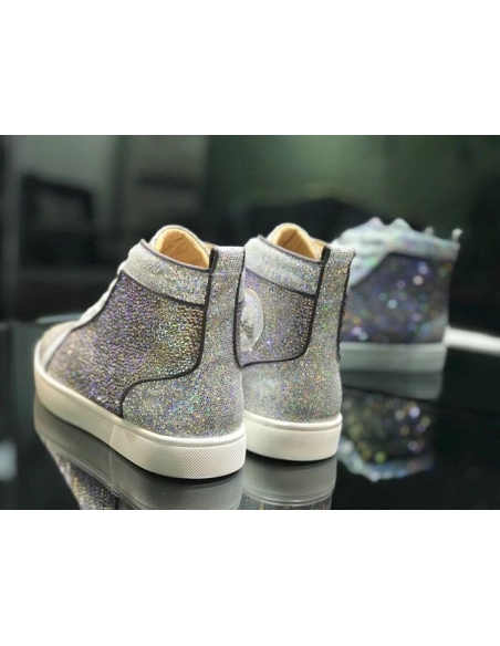 Cheap Christian Louboutin Louis Strass High-top Men Sneakers Glitter Leather Silver for Sale
