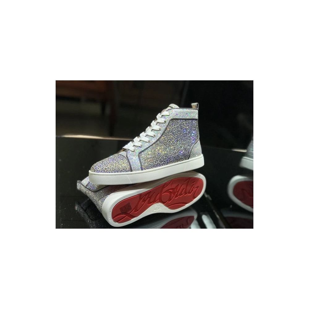 Cheap Christian Louboutin Louis Strass High-top Men Sneakers Glitter Leather Silver for Sale