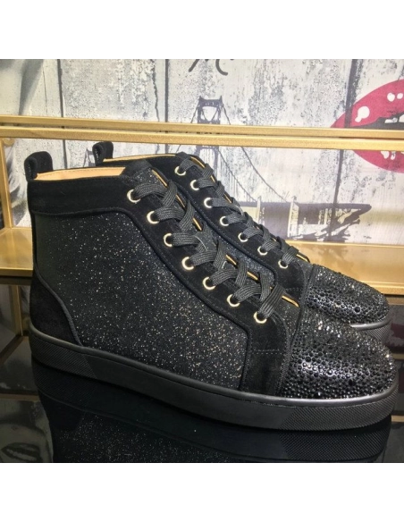 Cheap Christian Louboutin Louis Orlato Flat Sneakers Suede and Glitter Leather Black for Sale