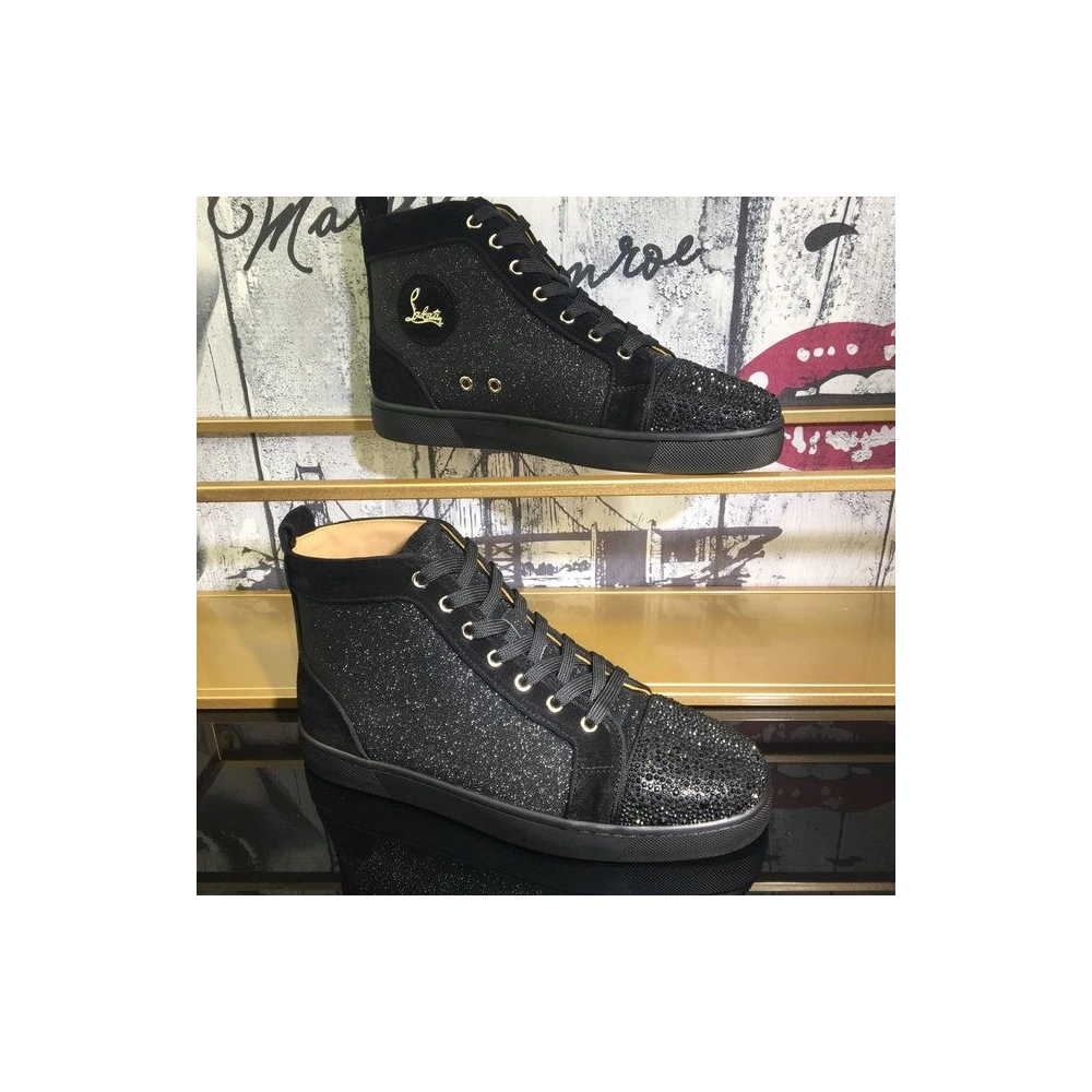 Cheap Christian Louboutin Louis Orlato Flat Sneakers Suede and Glitter Leather Black for Sale