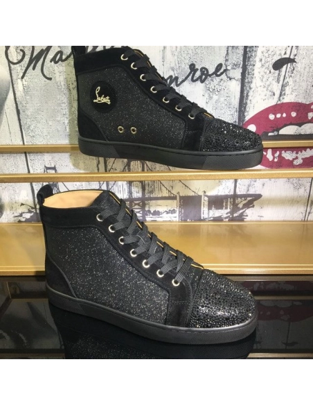 Cheap Christian Louboutin Louis Orlato Flat Sneakers Suede and Glitter Leather Black for Sale