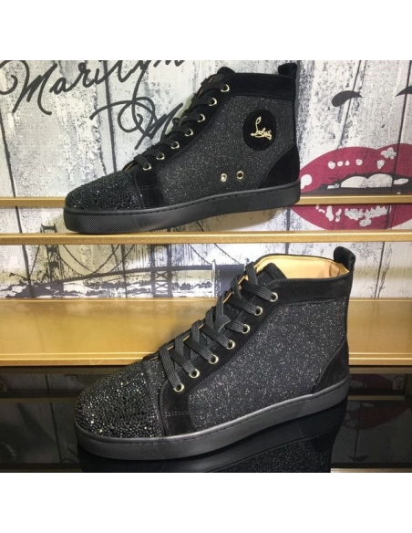 Cheap Christian Louboutin Louis Orlato Flat Sneakers Suede and Glitter Leather Black for Sale