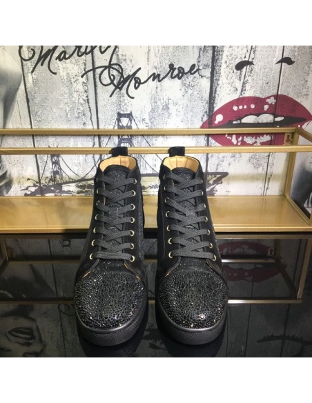Cheap Christian Louboutin Louis Orlato Flat Sneakers Suede and Glitter Leather Black for Sale