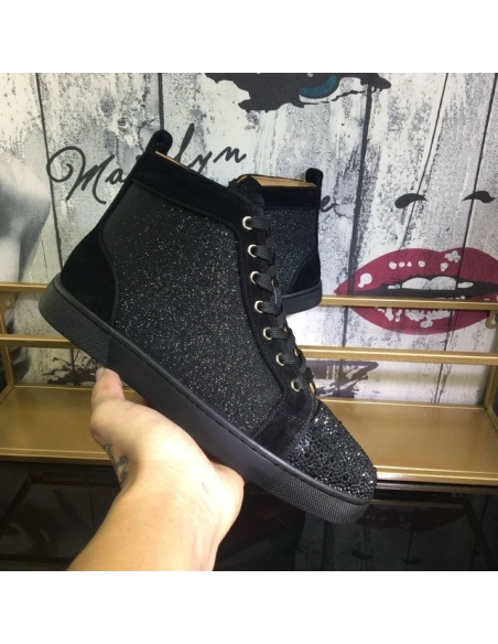 Cheap Christian Louboutin Louis Orlato Flat Sneakers Suede and Glitter Leather Black for Sale