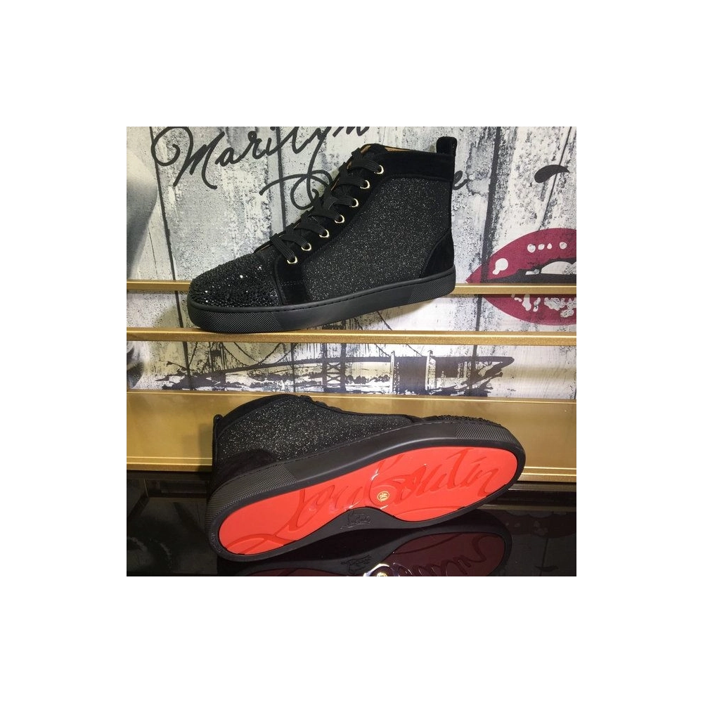 Cheap Christian Louboutin Louis Orlato Flat Sneakers Suede and Glitter Leather Black for Sale