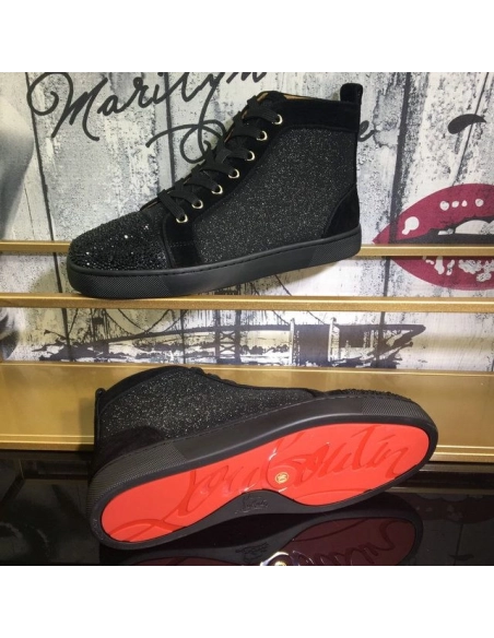 Cheap Christian Louboutin Louis Orlato Flat Sneakers Suede and Glitter Leather Black for Sale