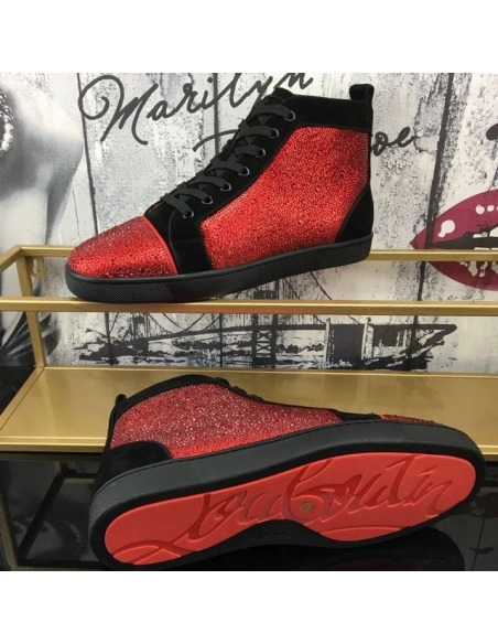 Christian Louboutin Louis Strass Orlato Flat Sneakers Suede Black Red Outlet Sale