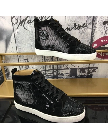 Replica Christian Louboutin Louis Strass Sneakers Veau Velours Sequin Black